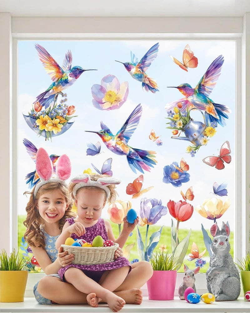 JMHACHY Easter Window Clings Decorations - 9 Sheets Easter Flower Window Clings, Colorful Hummingbirds, Butterflies Stickers for Glass Windows, Double-Sided Static Decals - Image 2